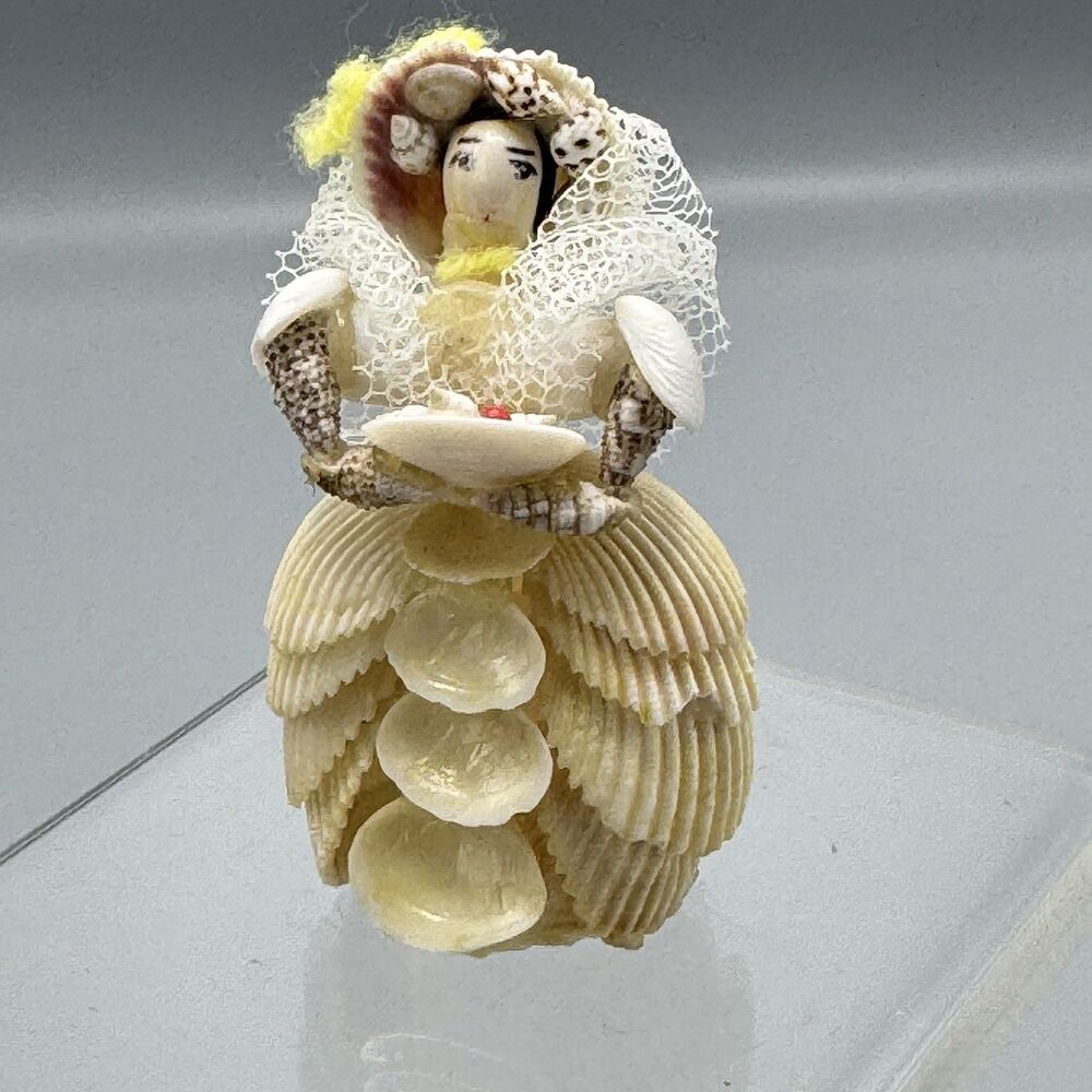 Handmade Seashell Art Figurine Bride Doll Folk Art Flower Girl Nautical Kitschy